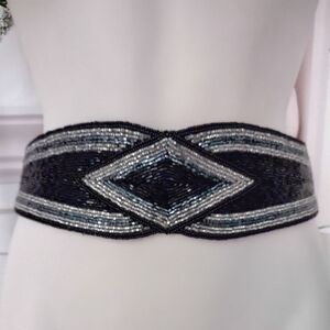 Carla Marchi Belt Vintage Glass Beads Disco 70s/80s Diamond Design Black Silver